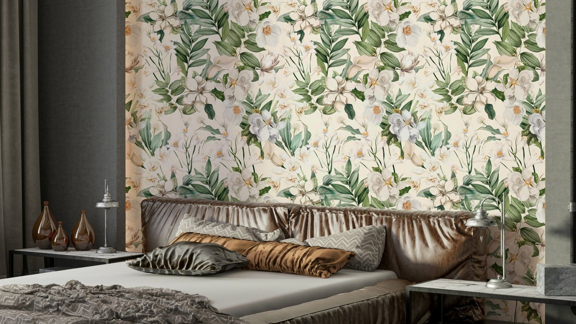 Beautiful white garden wallpaper with intricate floral details.

