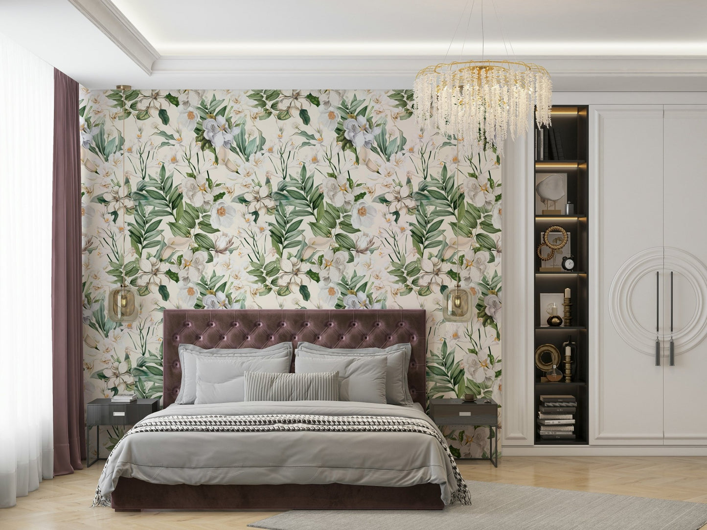White whimsical garden wallpaper with light, floral designs.

