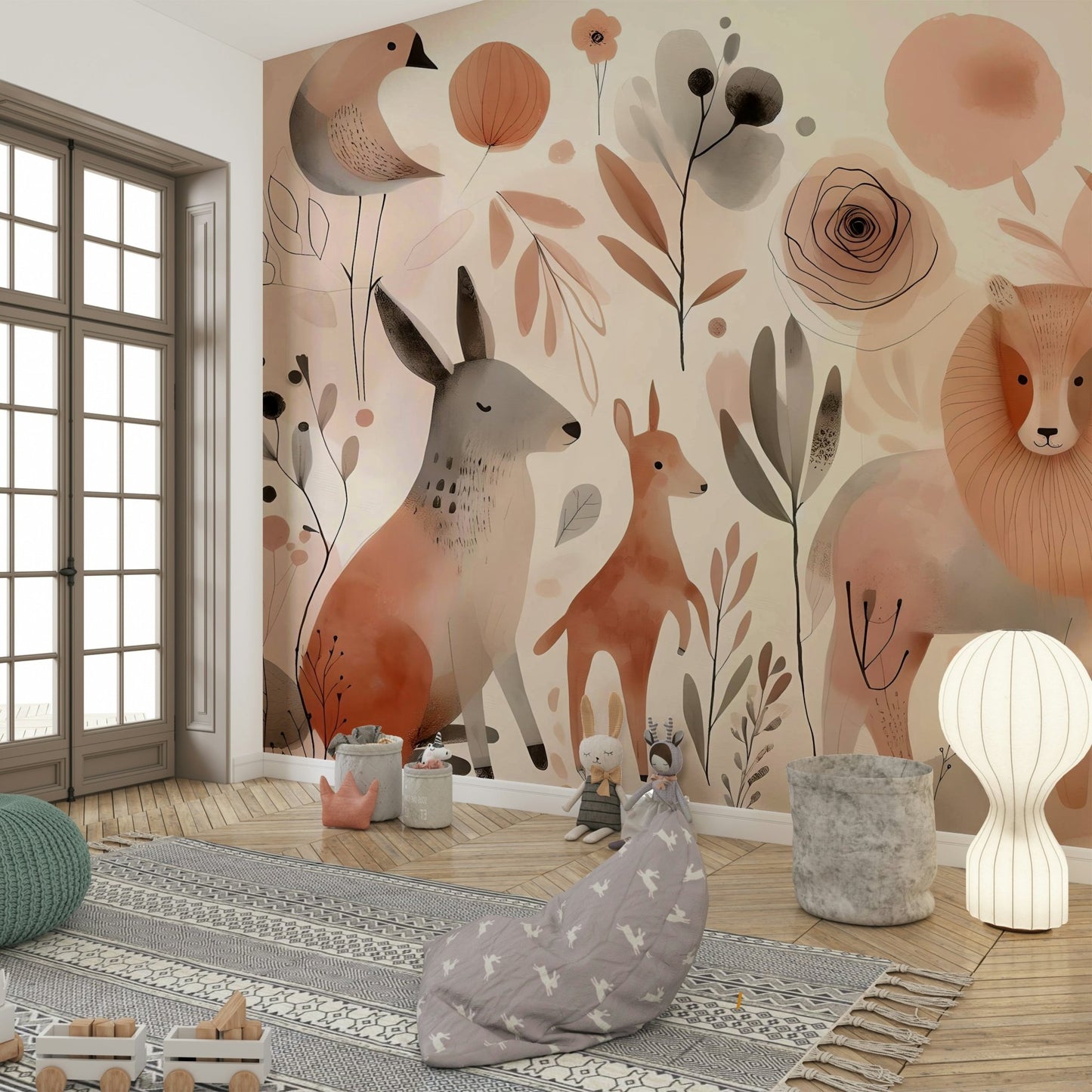 Fun wild animals wall mural for nursery room

