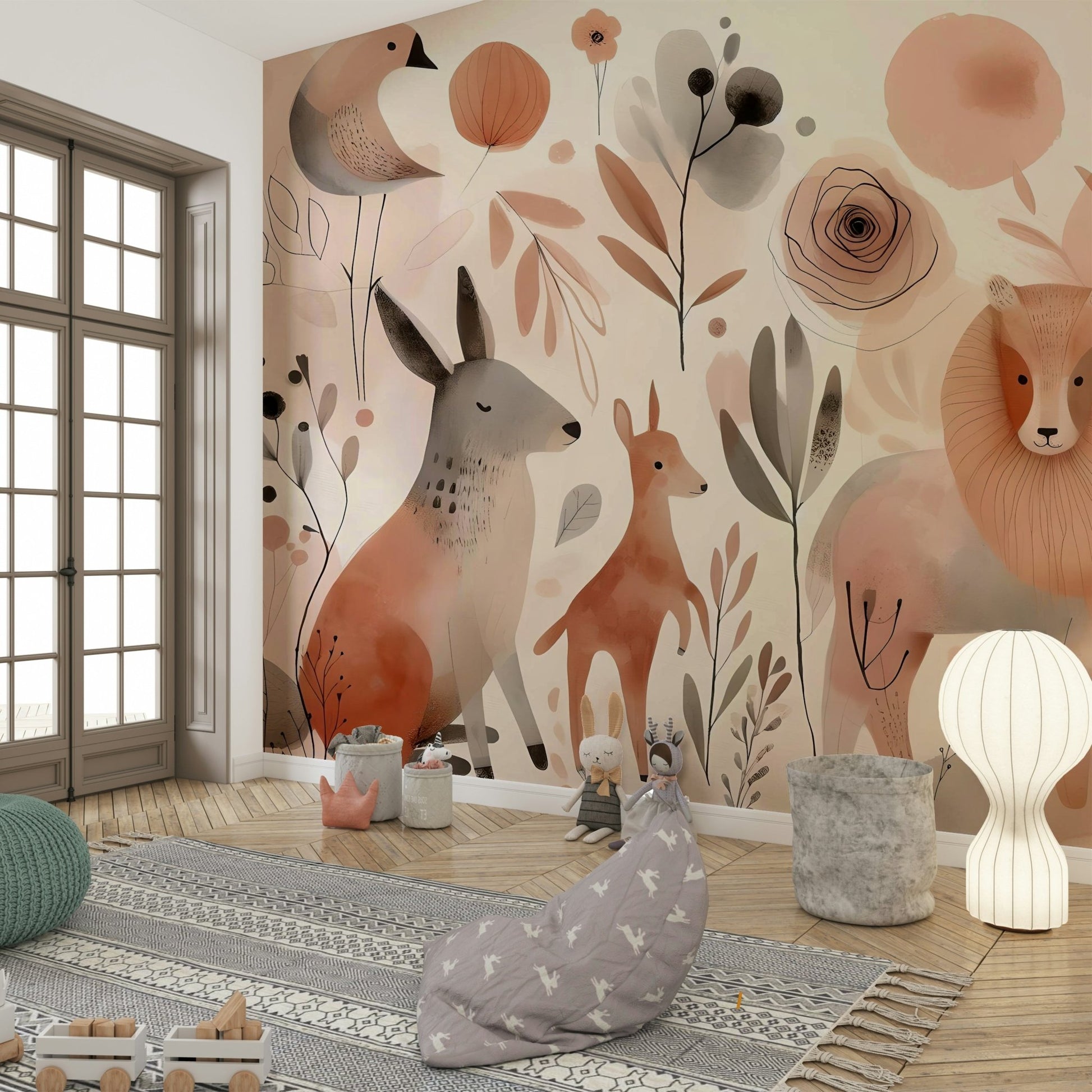 Fun wild animals wall mural for nursery room

