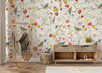An elegant wall mural with a pattern of whimsical wildflowers.

