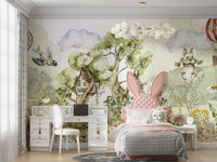 Whimsical animals in a forest setting on wall mural., GD1241