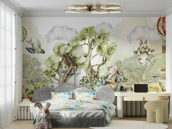 Whimsical woodland creatures mural for kids’ room., GD1241