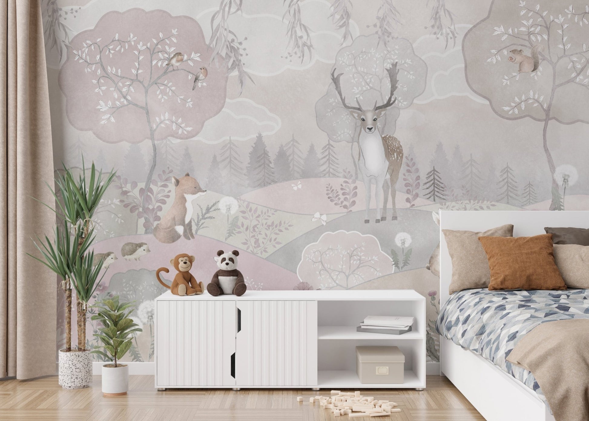 Soft watercolor tropical leaf mural
