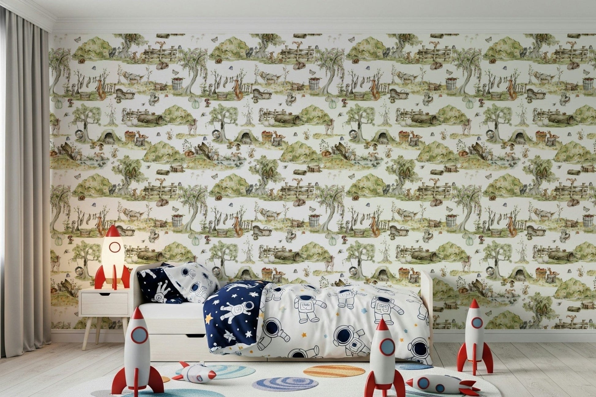 Gentle raccoon characters inside Whimsical Woodland Friends wall mural.
