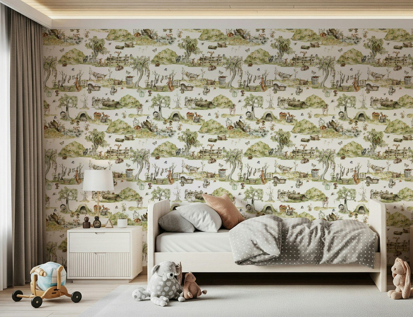 Hand-painted forest creatures on Whimsical Woodland Friends wall mural.
