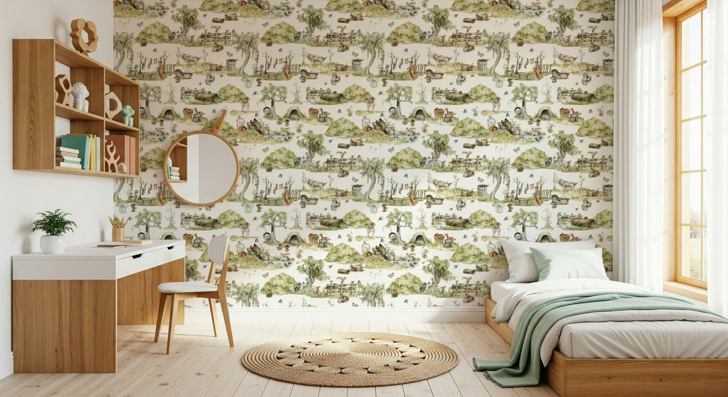 Whimsical Woodland Friends peel and stick wallpaper forest meadow.