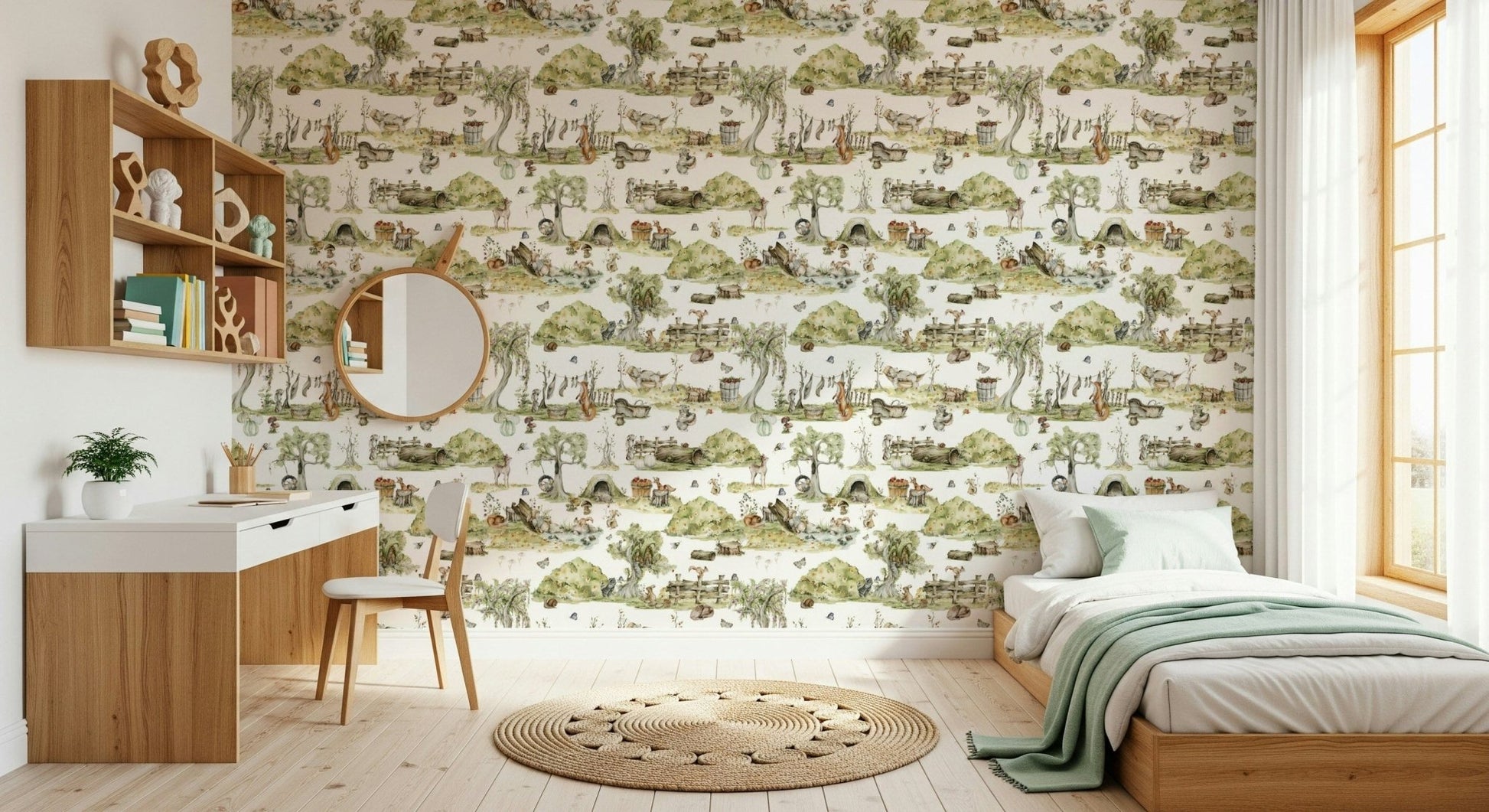 Whimsical Woodland Friends peel and stick wallpaper forest meadow.