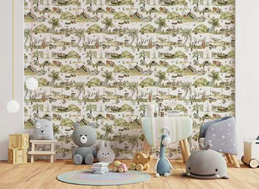 Enchanted squirrel scenes on Whimsical Woodland Friends wallpaper mural.