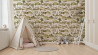 Whimsical Woodland Friends wallpaper mural showcasing woodland hammocks.