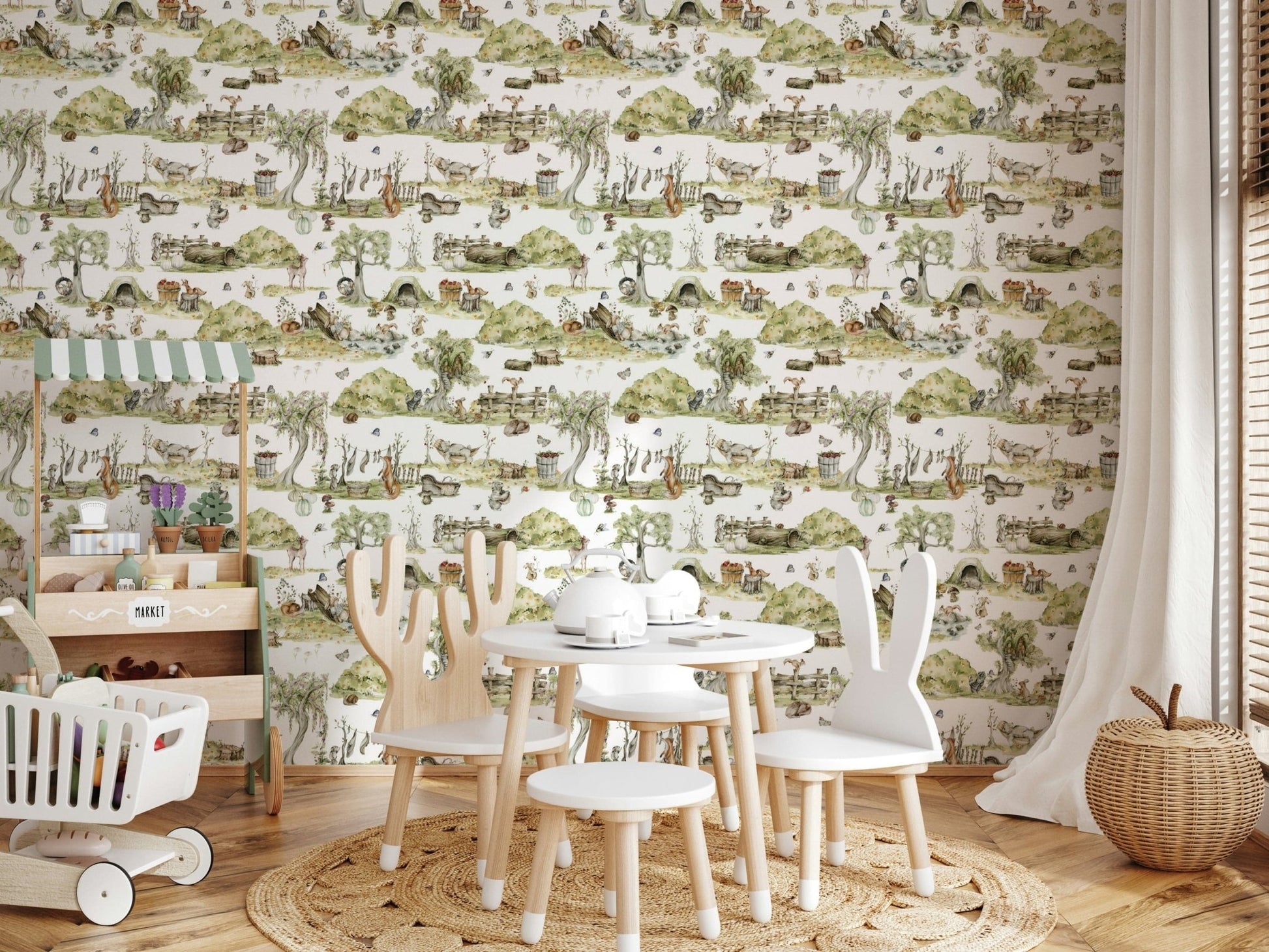 Sleeping bears and foxes in Whimsical Woodland Friends wallpaper.