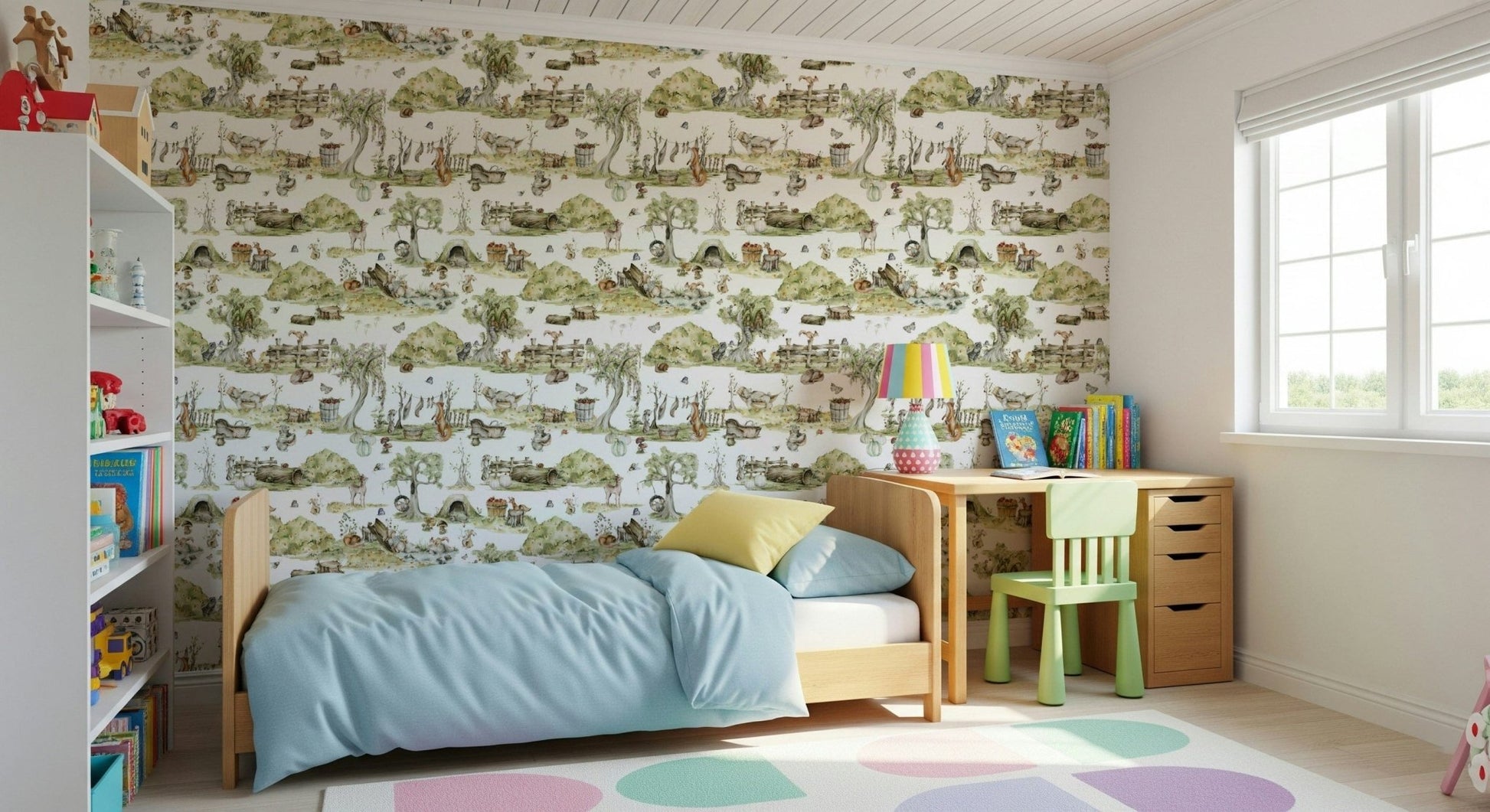 Whimsical Woodland Friends wallpaper for walls with rustic treehouses.