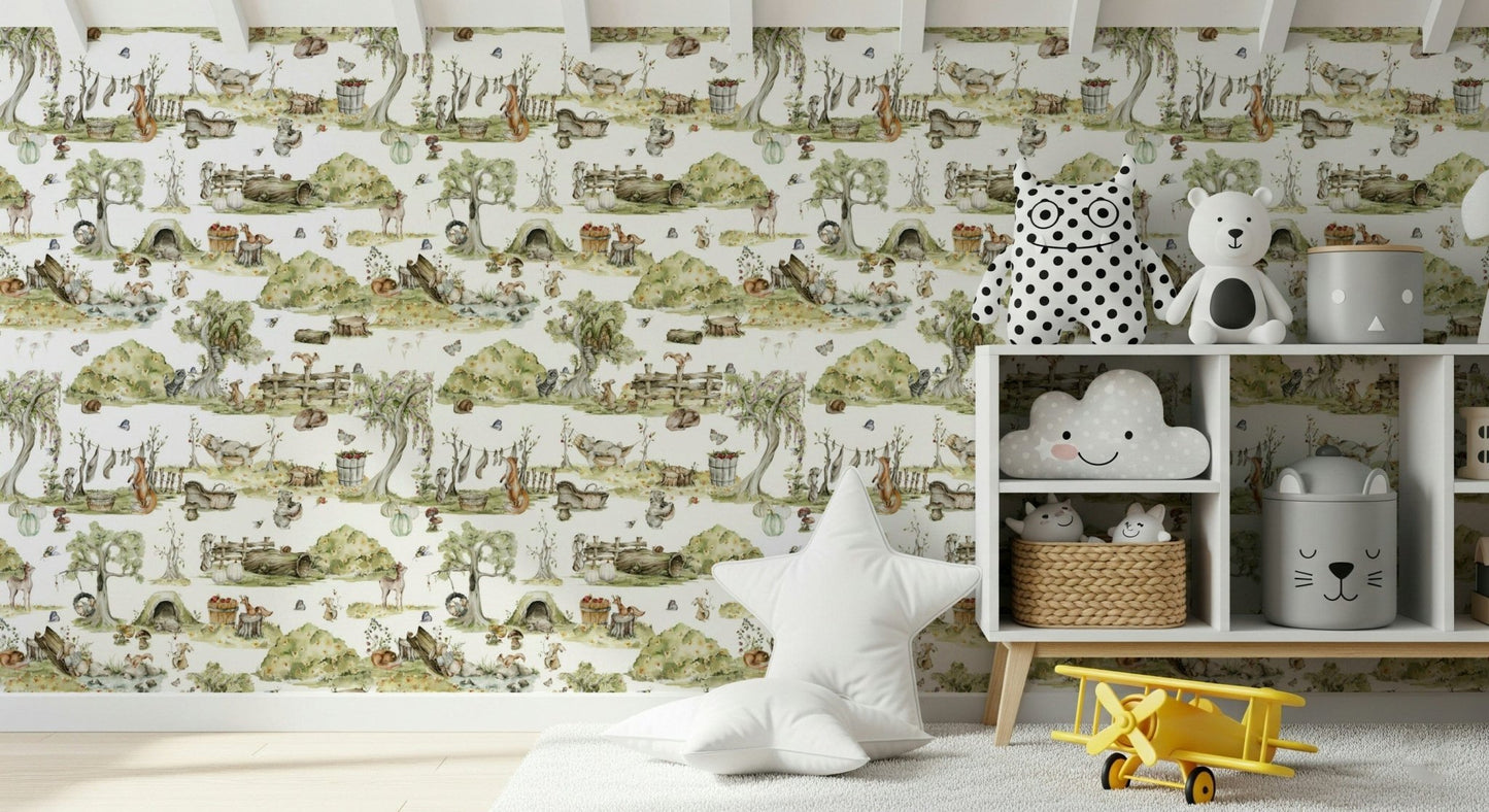 Whimsical Woodland Friends wallpaper for walls featuring watercolor bunnies.