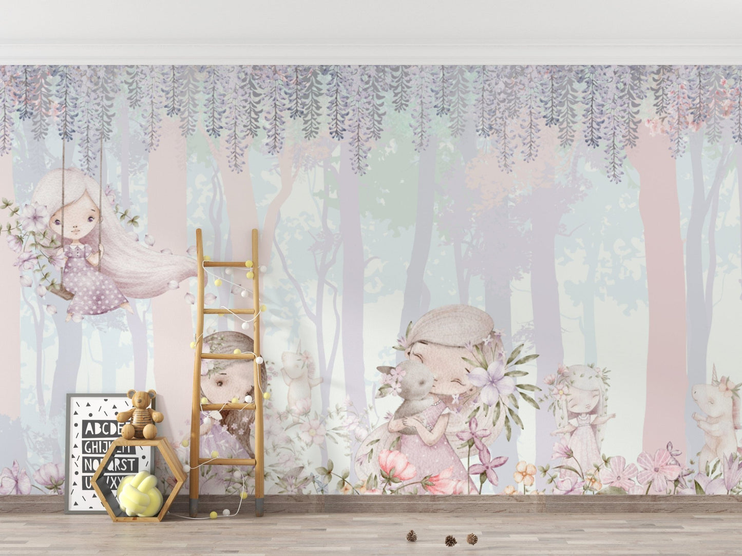 Floral woodland girls wallpaper design
