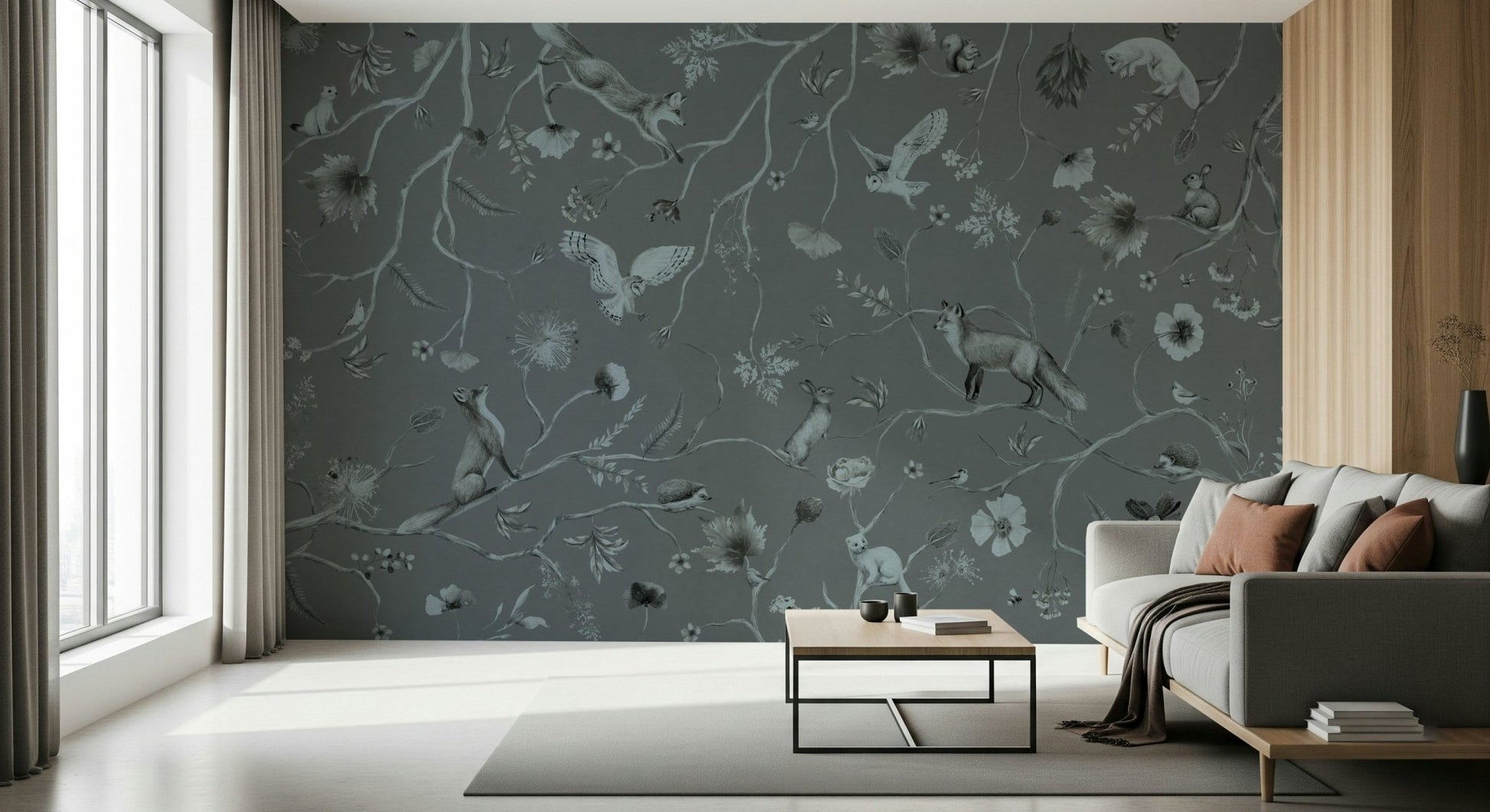 Neutral gray forest scene on the Whimsical Woodland Gray Wall Mural.