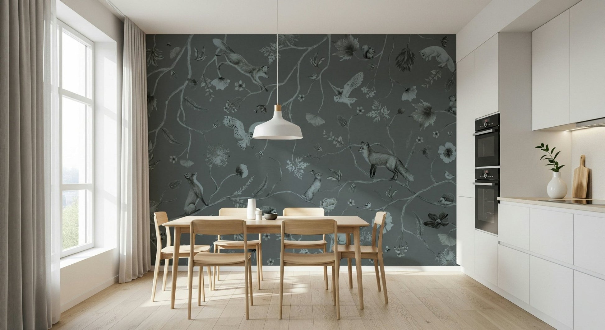 Calming gray tones of the Whimsical Woodland Gray Wall Mural print.