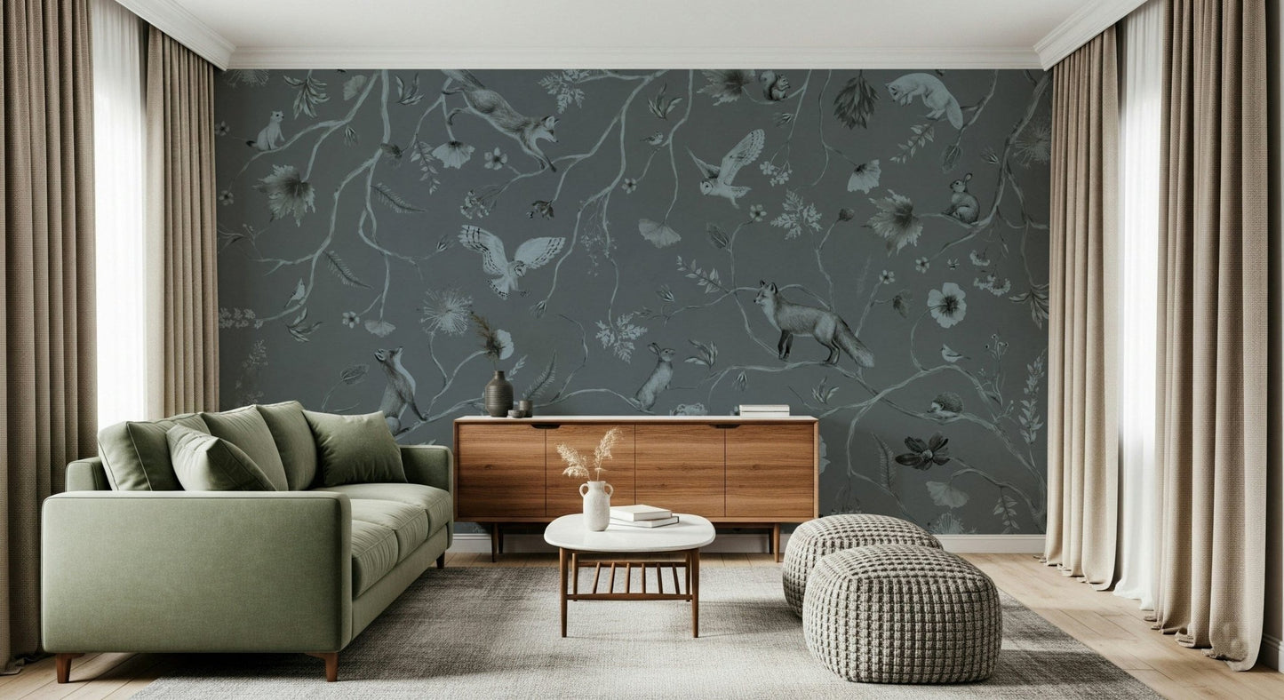 Light watercolor style of the Whimsical Woodland Gray Wall Mural.