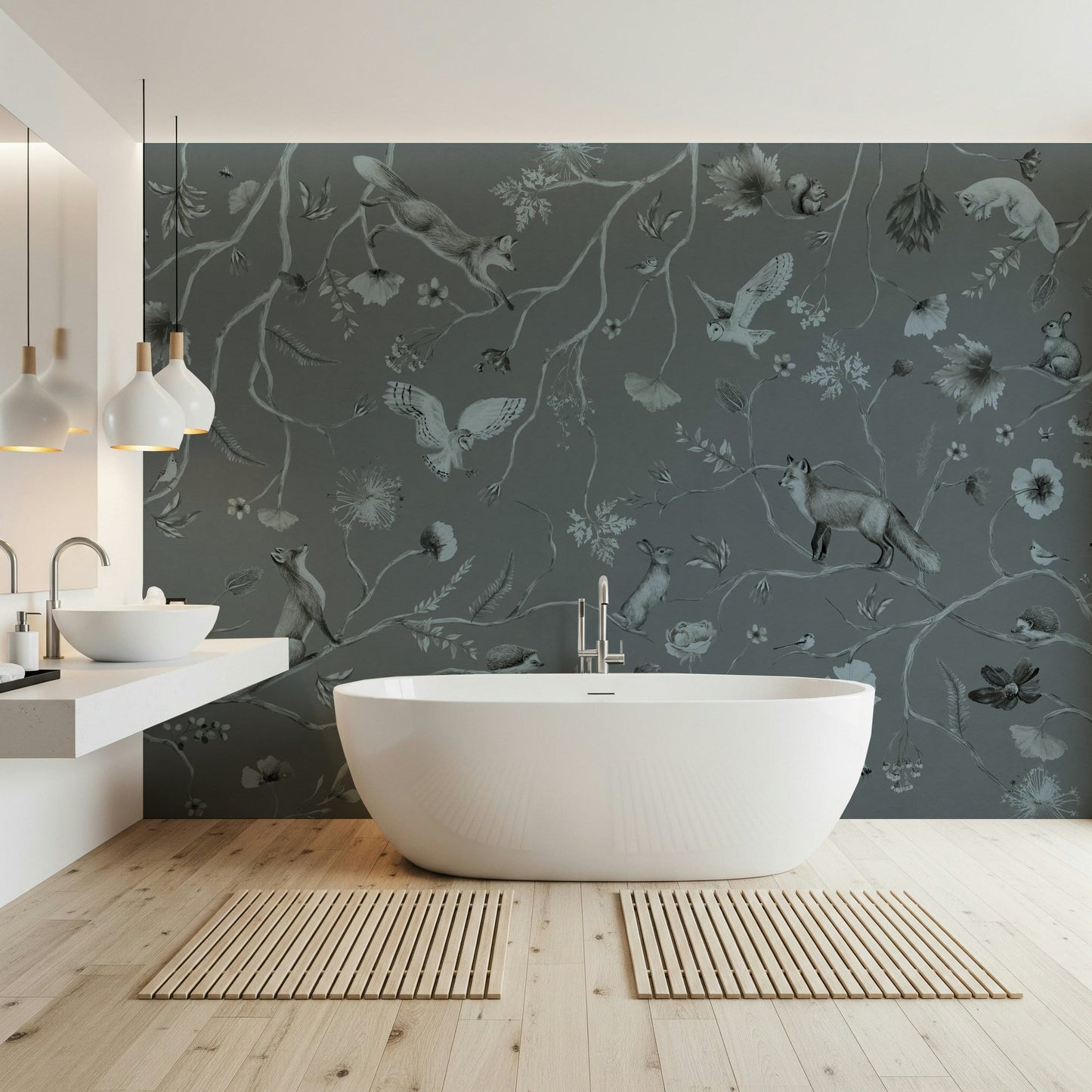 Horizontal design from the elegant Whimsical Woodland Gray Wall Mural.