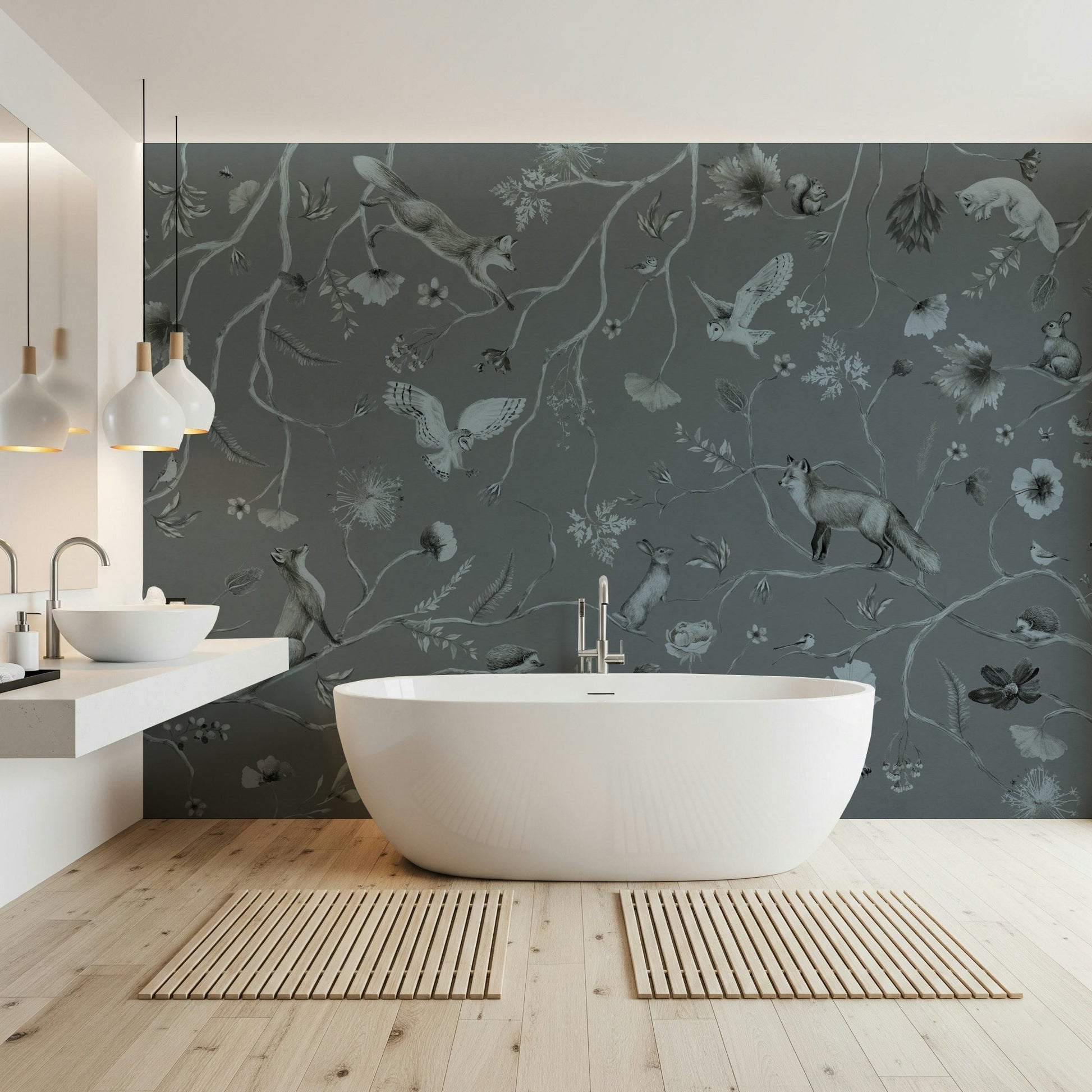 Horizontal design from the elegant Whimsical Woodland Gray Wall Mural.
