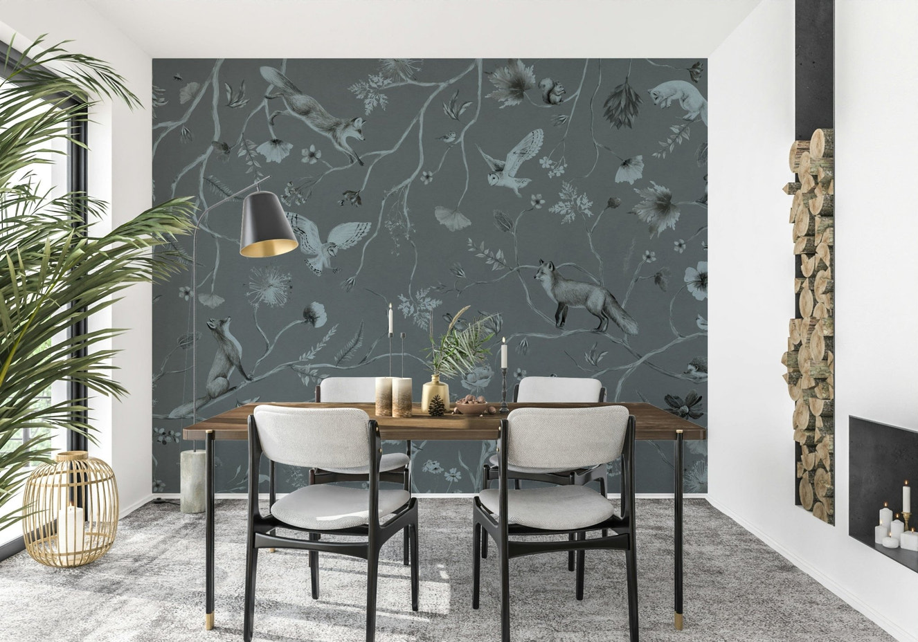 Whimsical Woodland Gray Wall Mural in a sophisticated nursery.