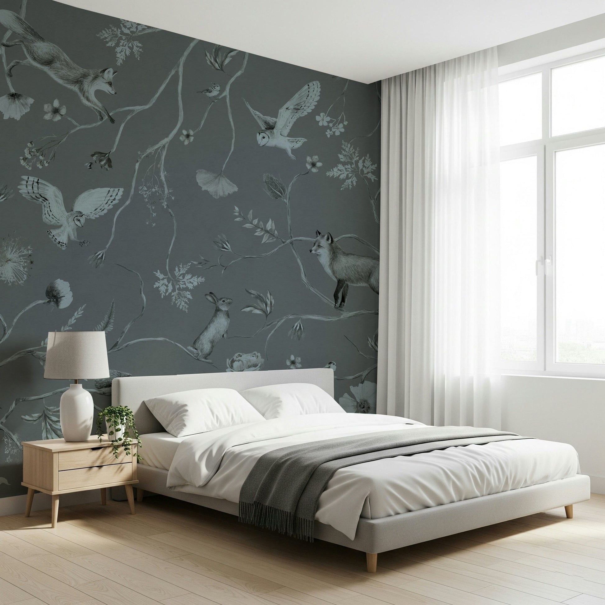 Interior space featuring the delicate Whimsical Woodland Gray Wall Mural.