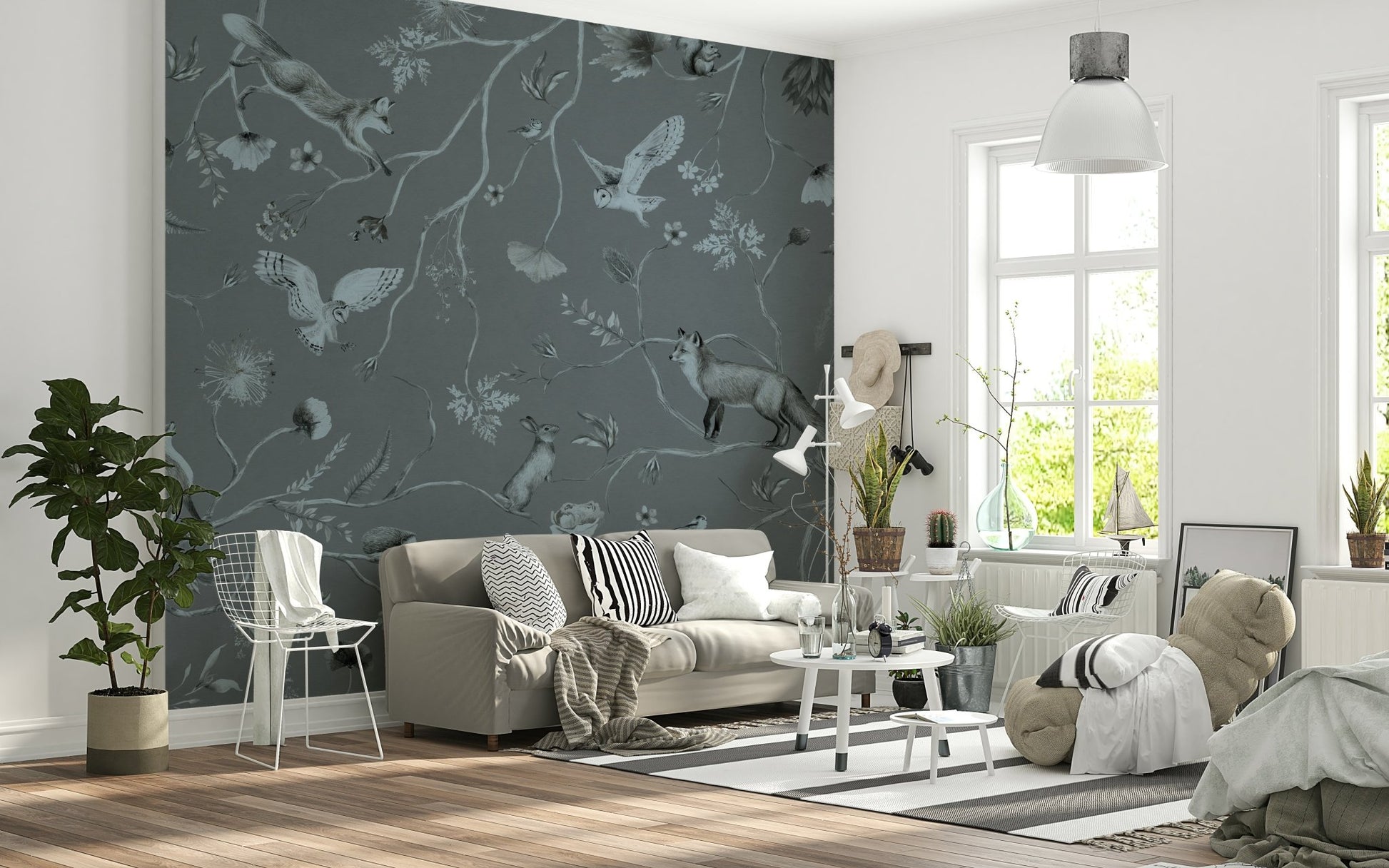 Peel and stick wallpaper design called Whimsical Woodland Gray Wall Mural.