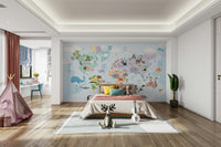 World geography mural with animals

