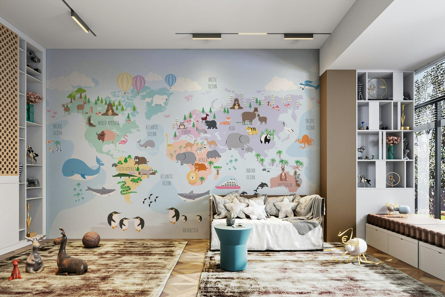 Cartoon animals on world map mural

