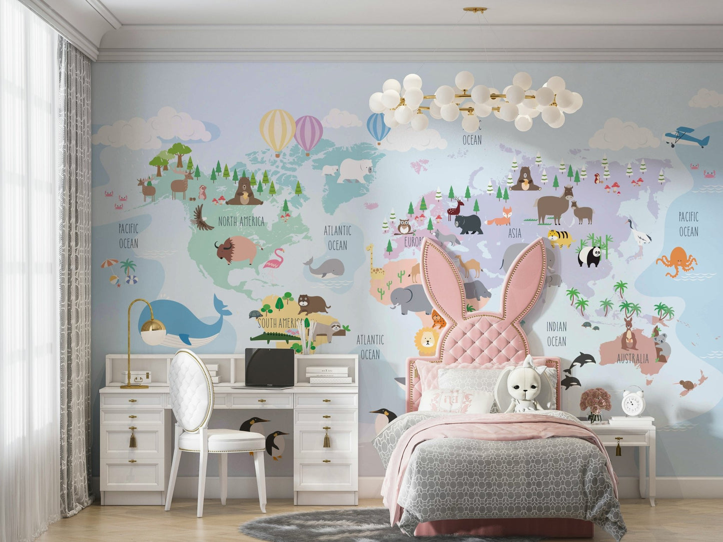 Kids’ wall mural featuring animal map

