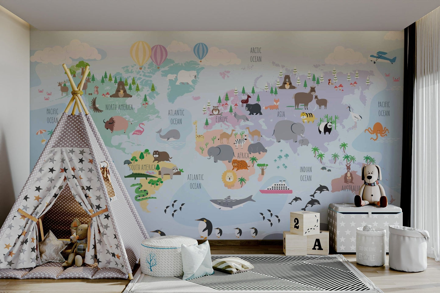 Animal map mural for kids' rooms

