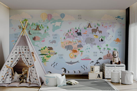 Animal map mural for kids' rooms, GD2039
