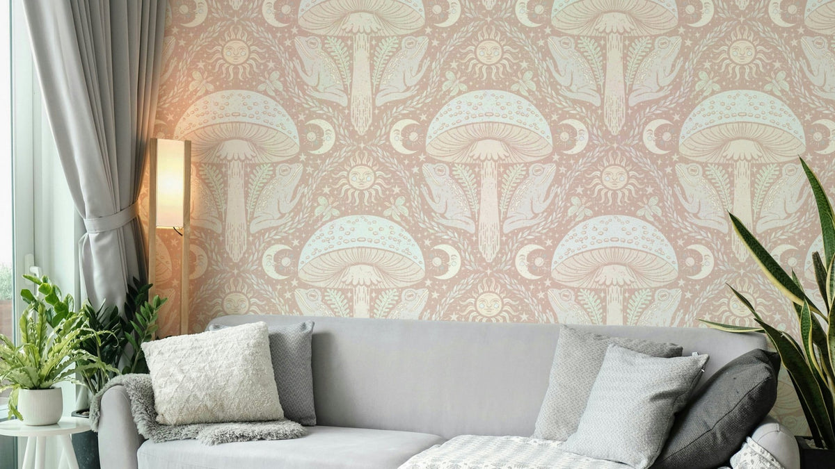 Hand-drawn toadstool wall design in muted colors, GD2097