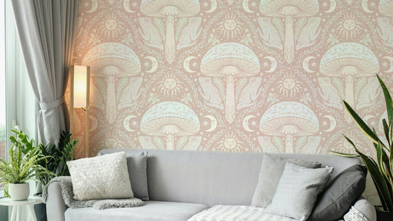 Hand-drawn toadstool wall design in muted colors, GD2097