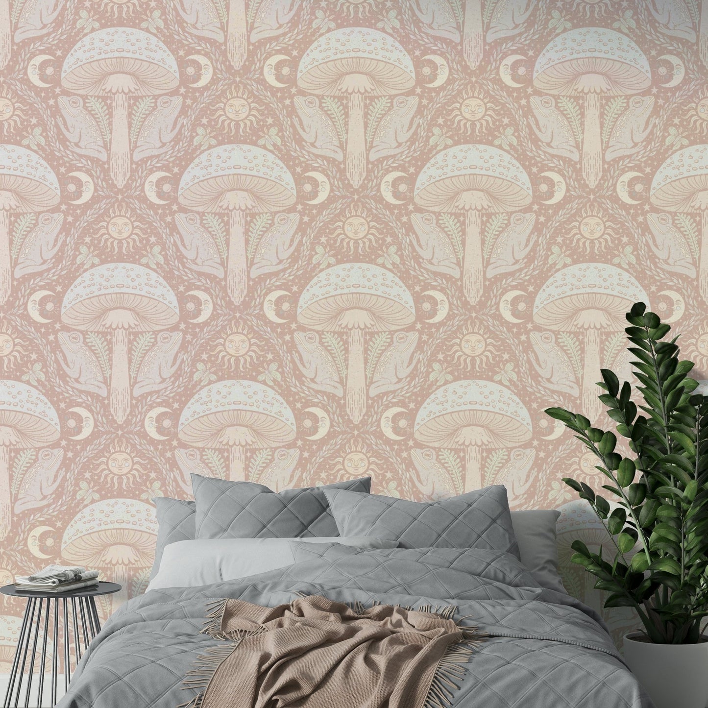 Whimsical fungi mural for bedrooms or reading nooks


