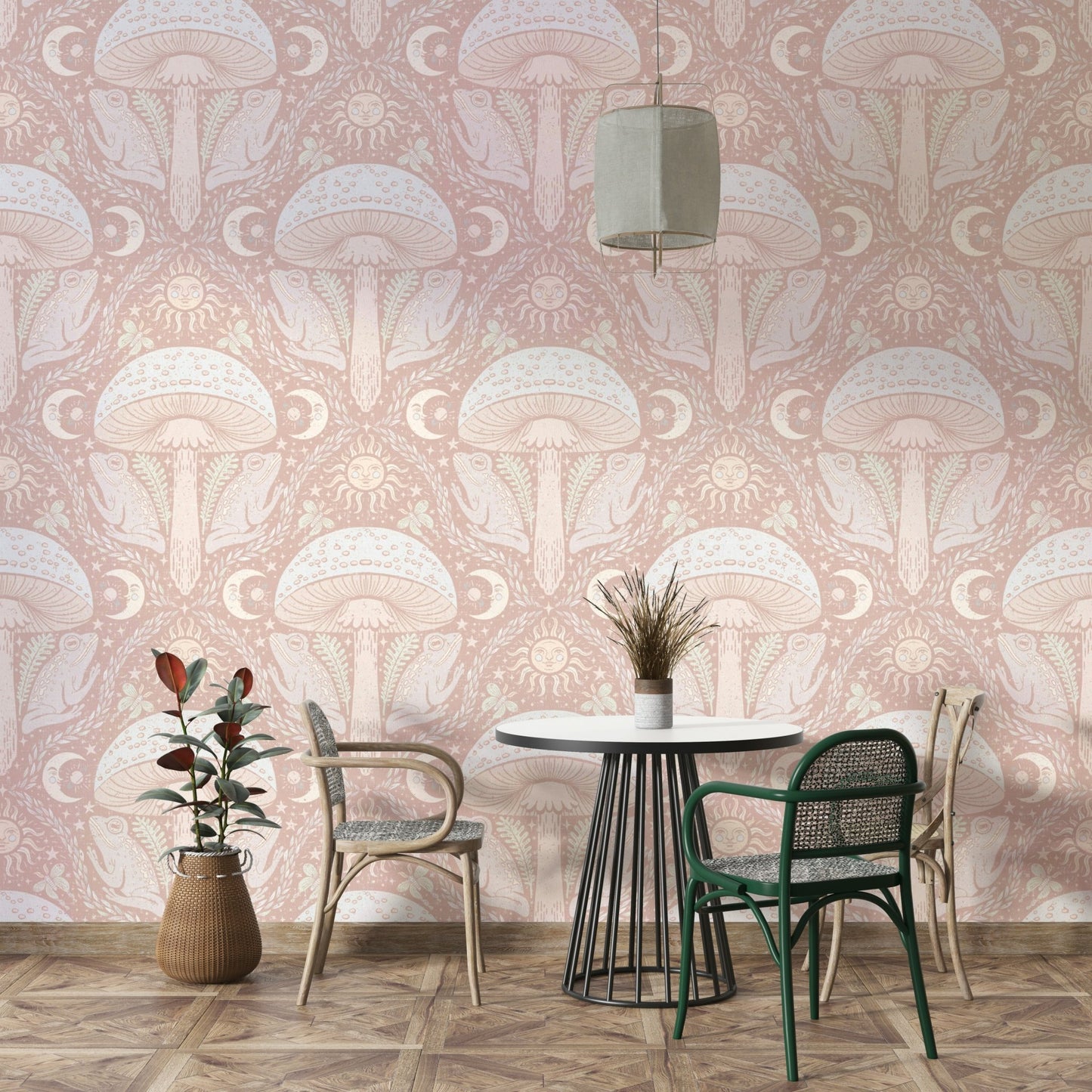 Pastel-colored fungi pattern on mural wallpaper

