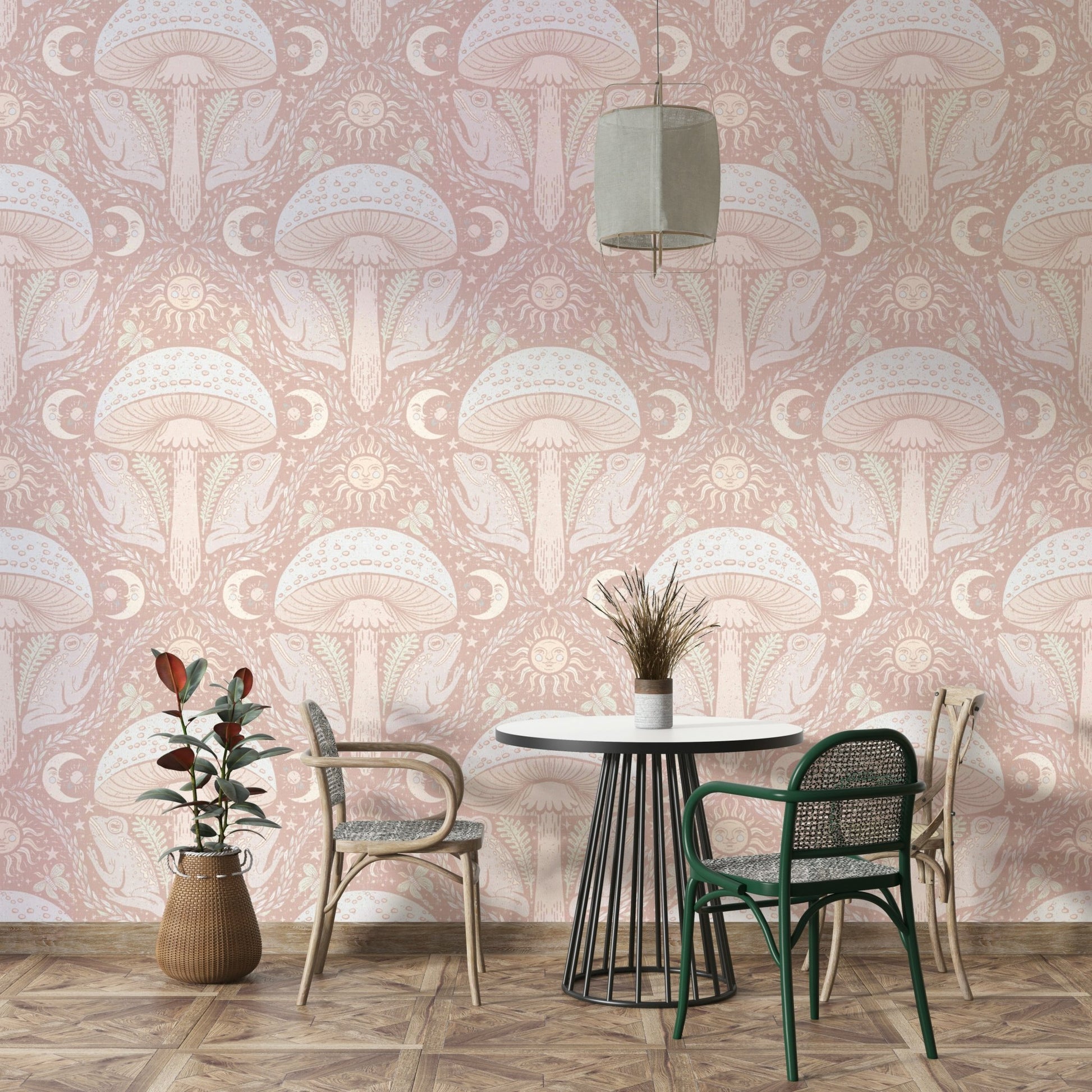 Pastel-colored fungi pattern on mural wallpaper

