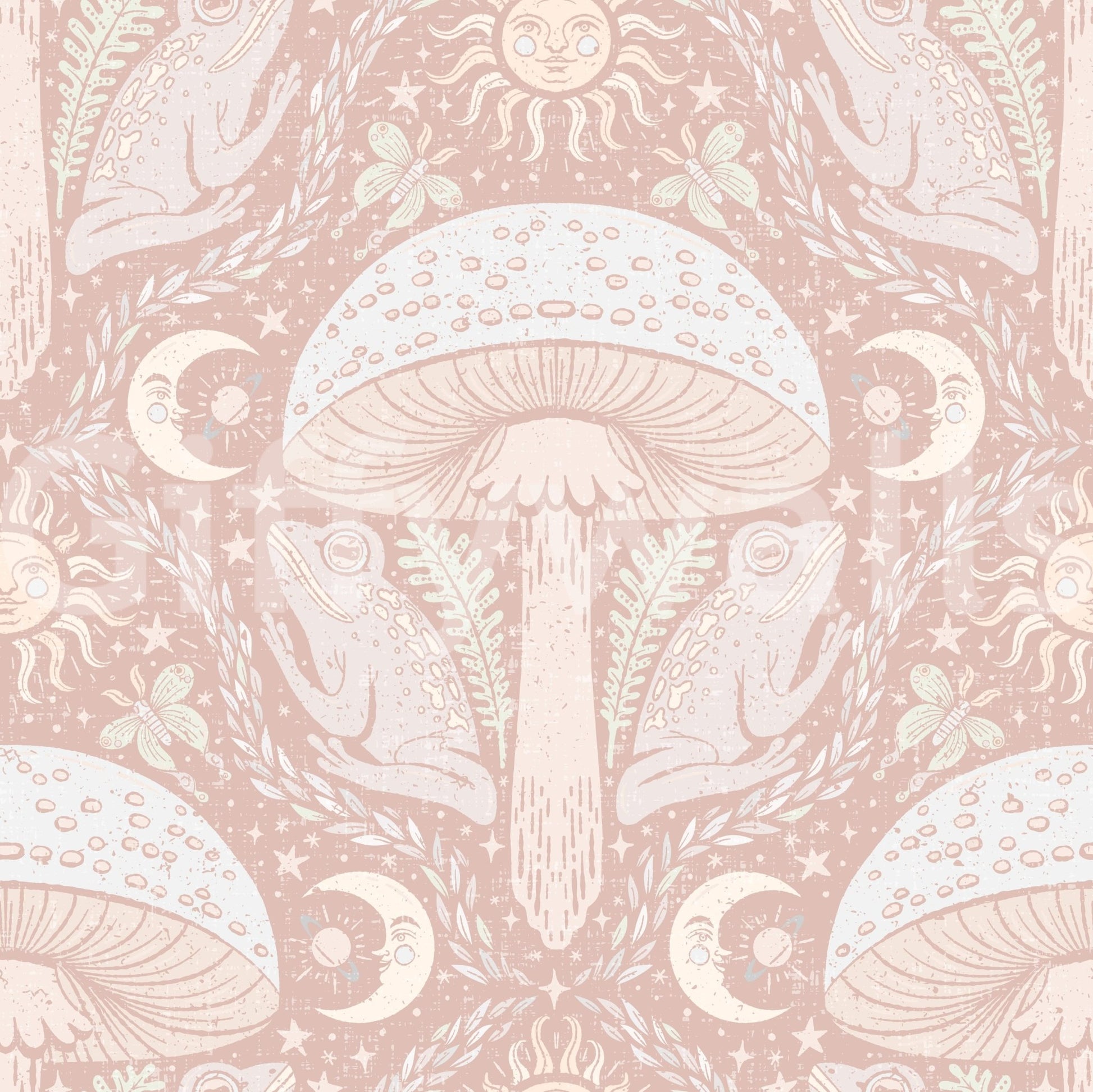 Forest-inspired pastel wallpaper with mushrooms

