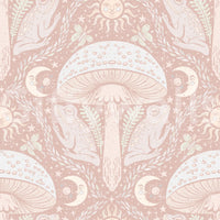 Forest-inspired pastel wallpaper with mushrooms

