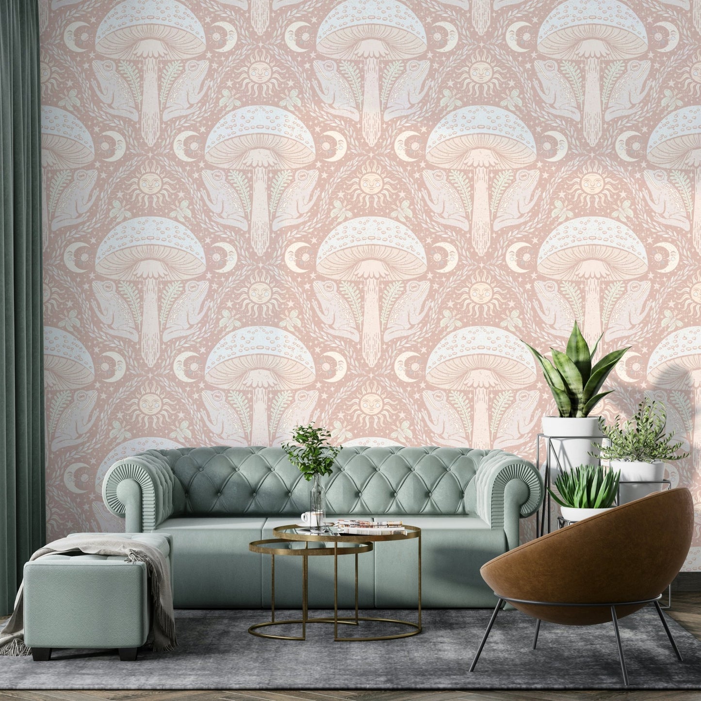 Nature-inspired wallpaper with toadstools and florals

