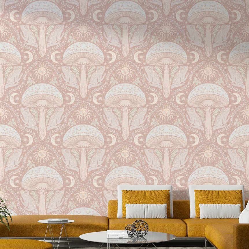 Artistic mushroom mural in a light color palette

