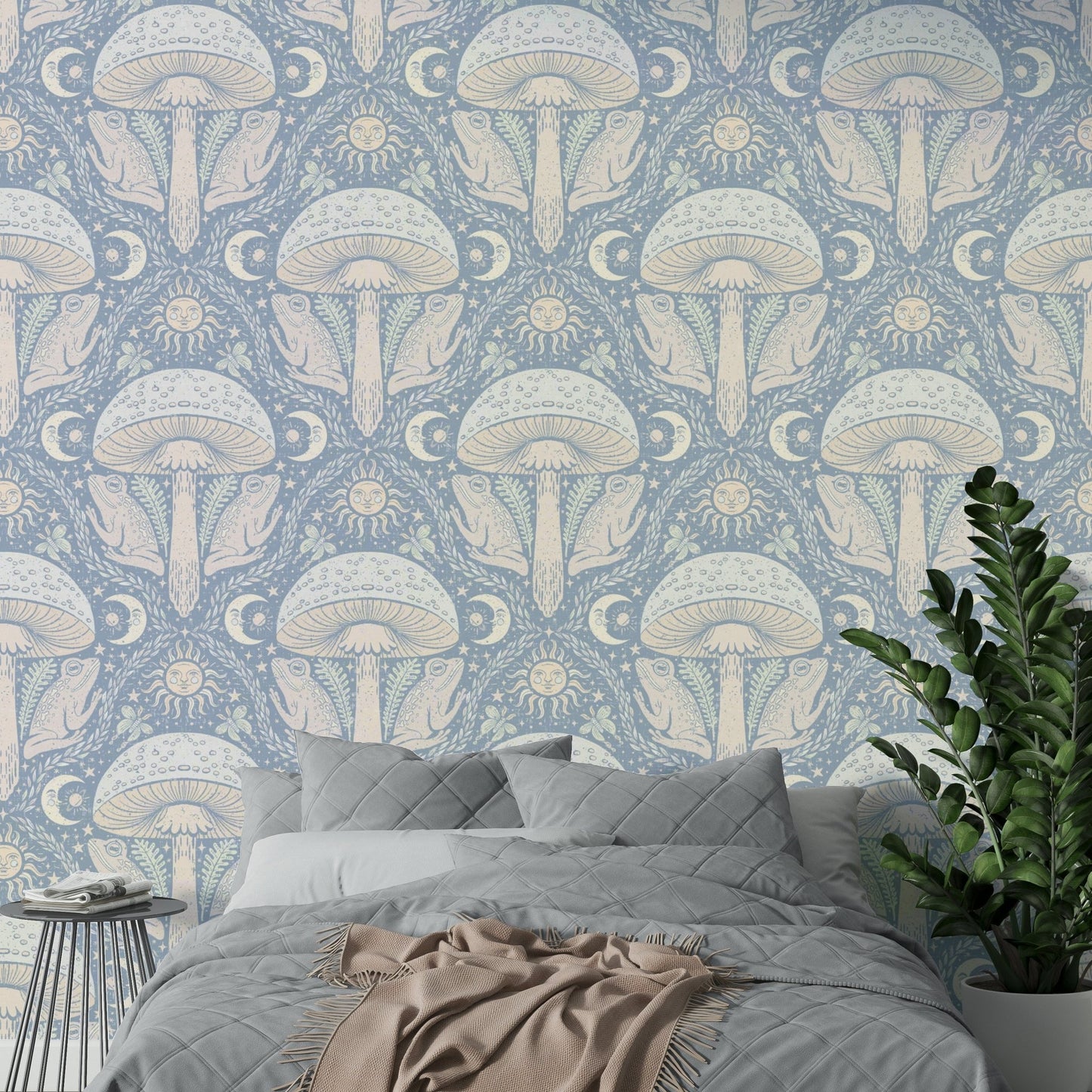 Mural wallpaper with hand-drawn mushrooms

