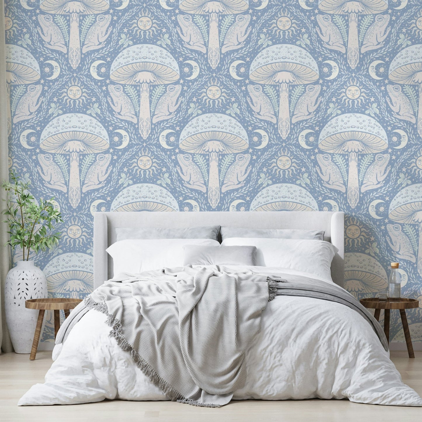 Storybook-style wallpaper with mushrooms and plants

