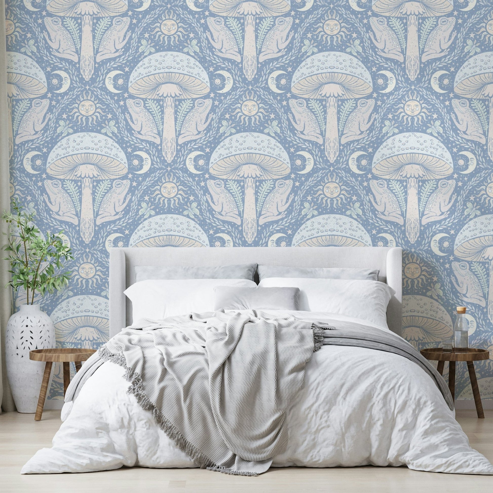 Storybook-style wallpaper with mushrooms and plants

