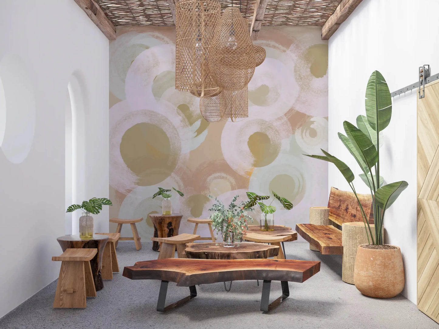Neutral abstract wall mural featuring Whisper Brush Ovals design