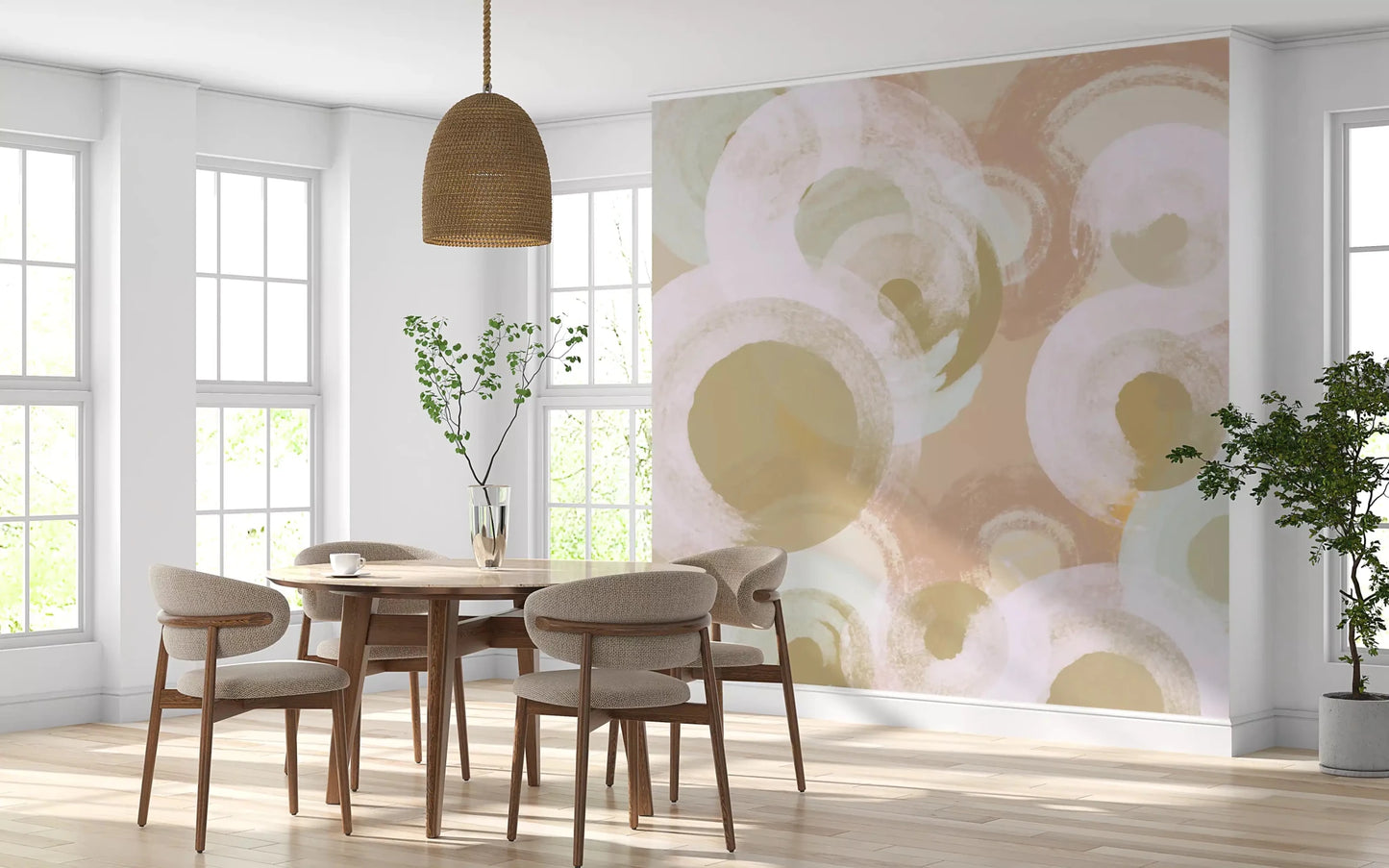 Dining room setup with Whisper Brush Ovals wall mural layered shapes