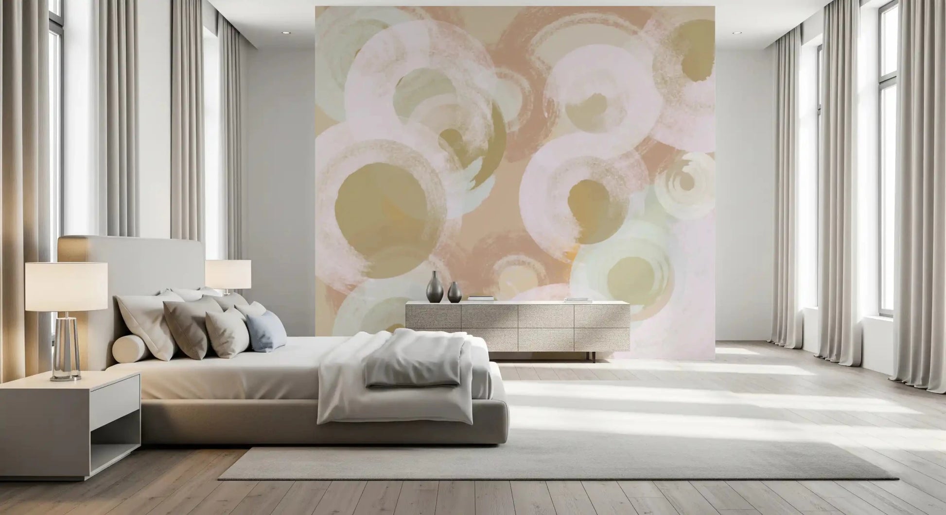 Bedroom wall featuring Whisper Brush Ovals wall mural soft brush forms