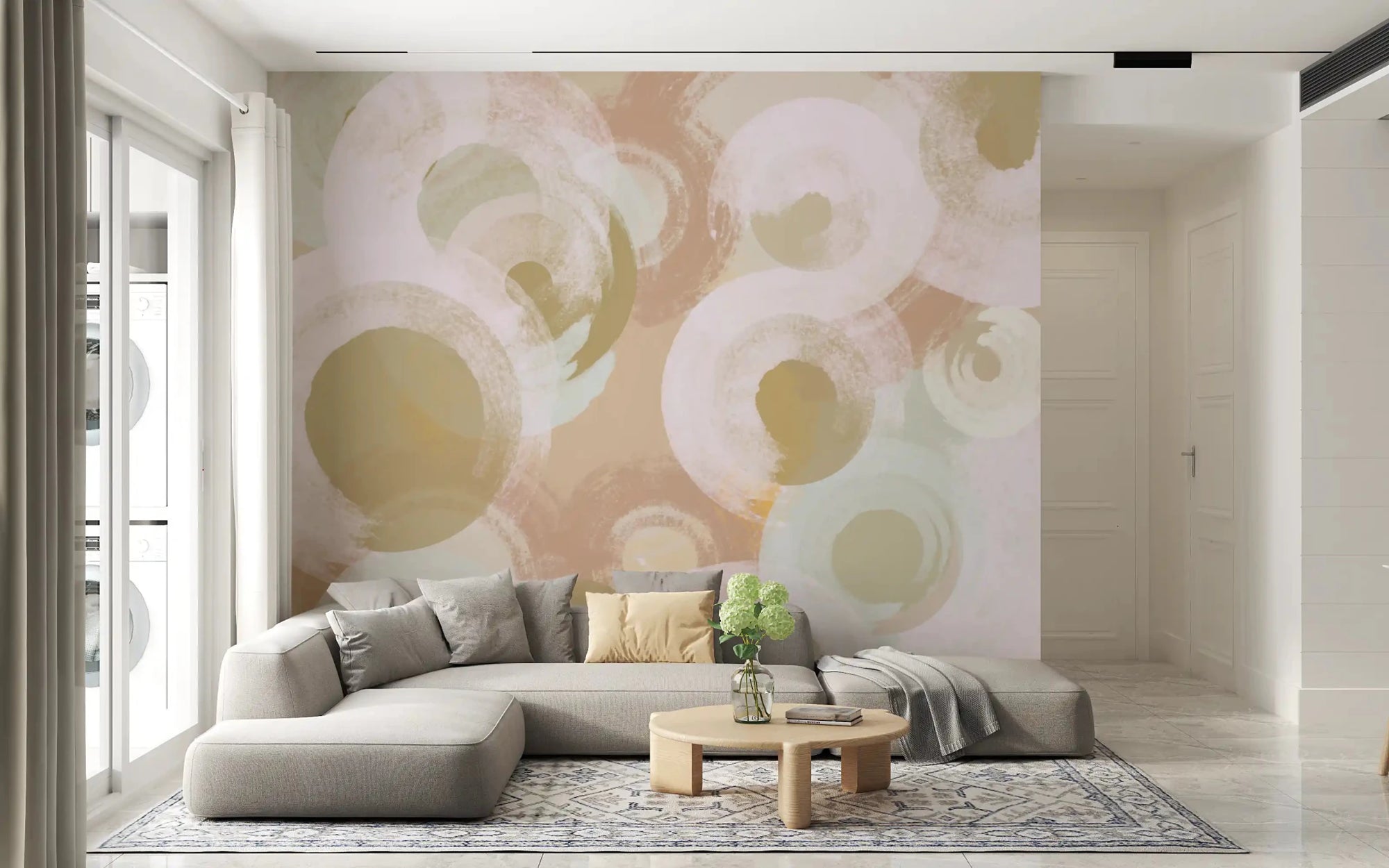 Living room styled with Whisper Brush Ovals wall mural neutral circles, GD9241