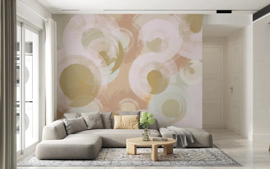 Living room styled with Whisper Brush Ovals wall mural neutral circles, GD9241