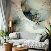 Dreamy nature scene mural with mist and greenery.

