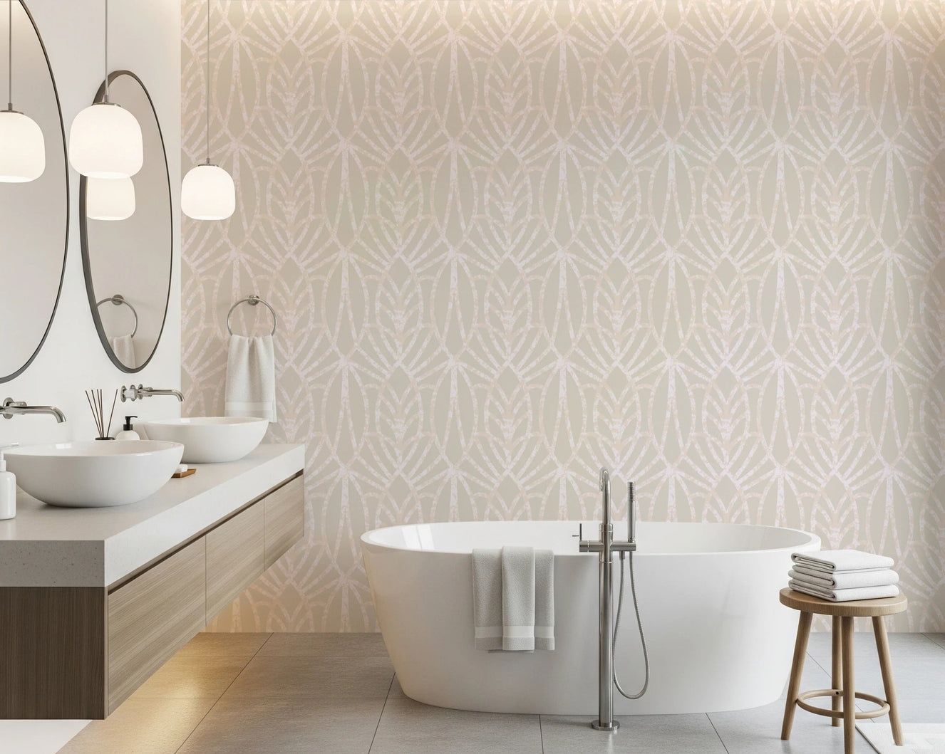 Whispered Arches Wallpaper adds soft geometric calm to a bright modern bathroom